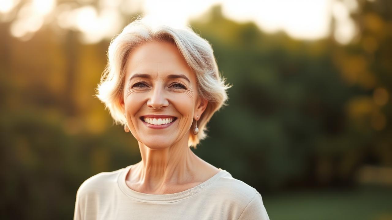 Confident smiling woman in her 50s outdoors
