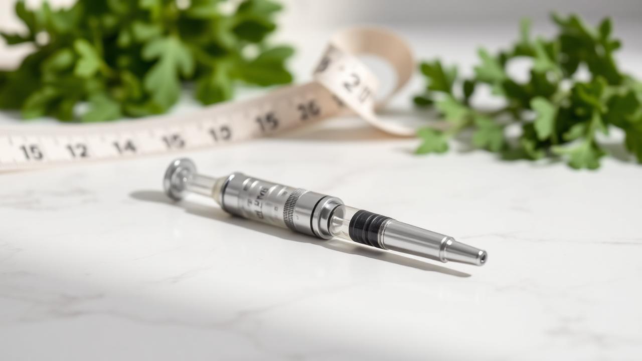 Injection pen on a marble countertop with herbs
