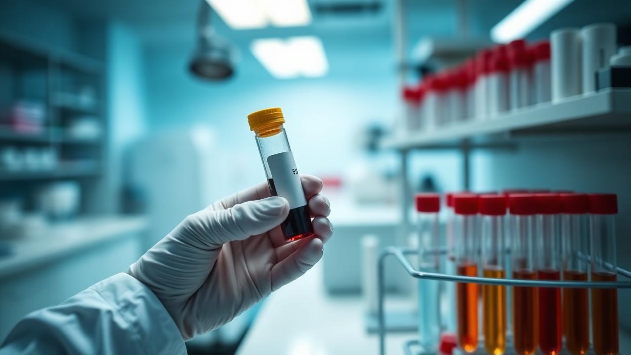 Lab technician holding a vial of blood