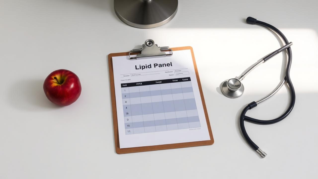 Lipid panel report on a clipboard with stethoscope