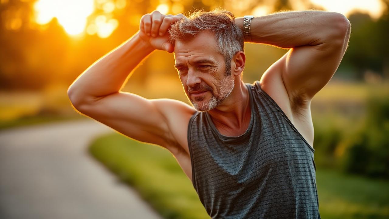 Middle-aged man stretching outdoors at sunrise