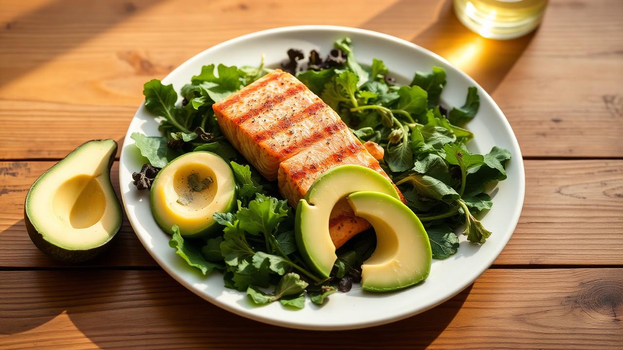 Plate of grilled salmon, greens and avocado